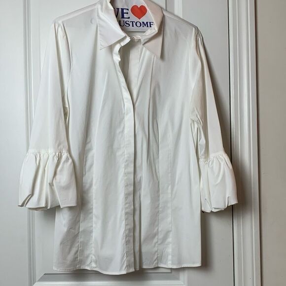 BCBG Maxazria White 3/4 Sleeve Button-Down with Ruffles Sleeves Size Large - Picture 3 of 9